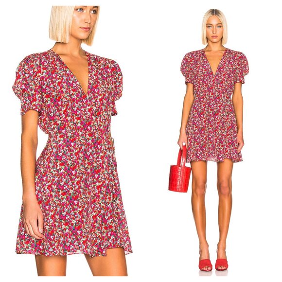 SALONI Lea Wrap Mini Dress 8 Red Poppyfield - Picture 1 of 16